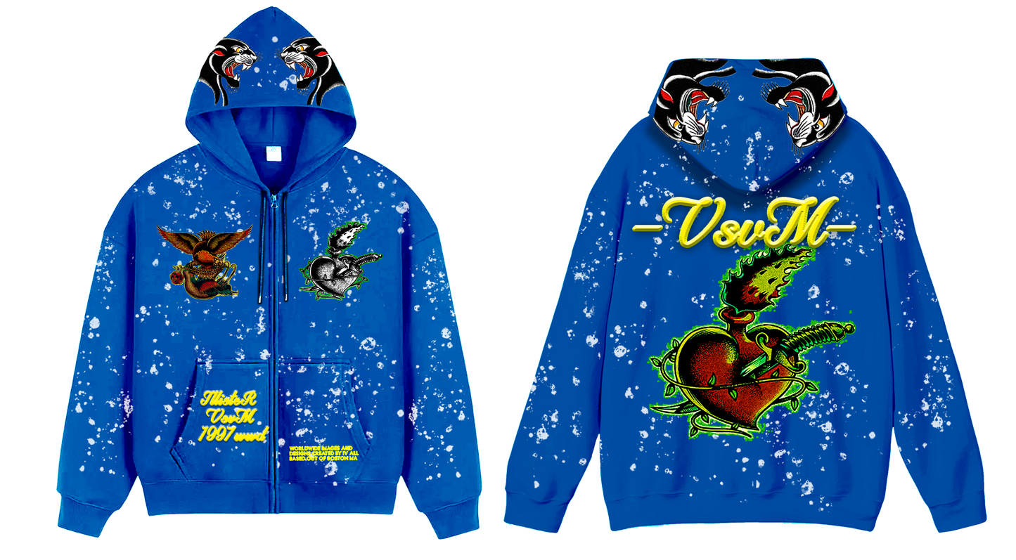 "Real Charged Hearts" Blue Zip Hoodie