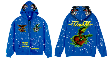 "Real Charged Hearts" Blue Zip Hoodie